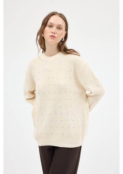 Natural Kadın Taş İşleme Detaylı Bisiklet Yaka Triko Kazak 7045