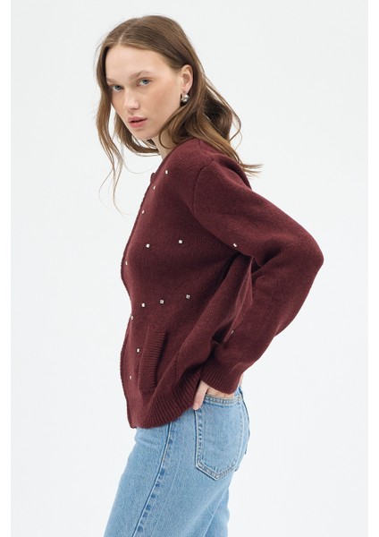 Bordo Kadın Fermuarlı Taş Detaylı Triko Hırka 6405 fiyatları