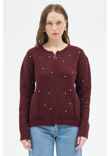 Bordo Kadın Fermuarlı Taş Detaylı Triko Hırka 6405 modelleri