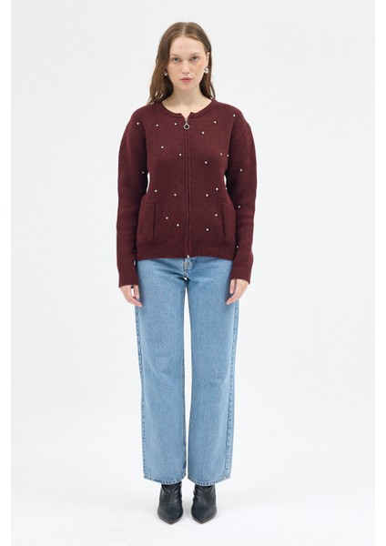 Bordo Kadın Fermuarlı Taş Detaylı Triko Hırka 6405 fırsatları