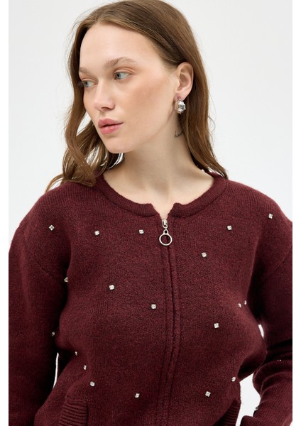 Bordo Kadın Fermuarlı Taş Detaylı Triko Hırka 6405 indirimleri