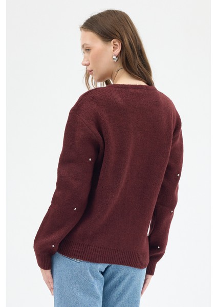 Bordo Kadın Fermuarlı Taş Detaylı Triko Hırka 6405