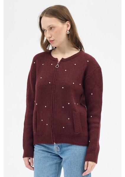 Bordo Kadın Fermuarlı Taş Detaylı Triko Hırka 6405