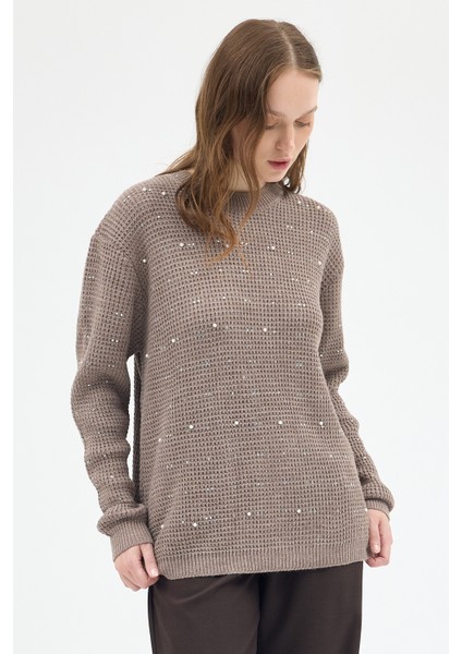 Koyu Vizon Kadın Taş İşleme Detaylı Bisiklet Yaka Triko Kazak 7045 fırsatları