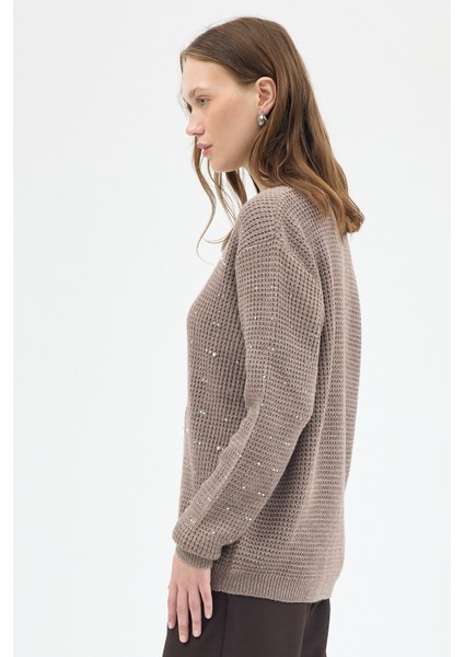 Koyu Vizon Kadın Taş İşleme Detaylı Bisiklet Yaka Triko Kazak 7045