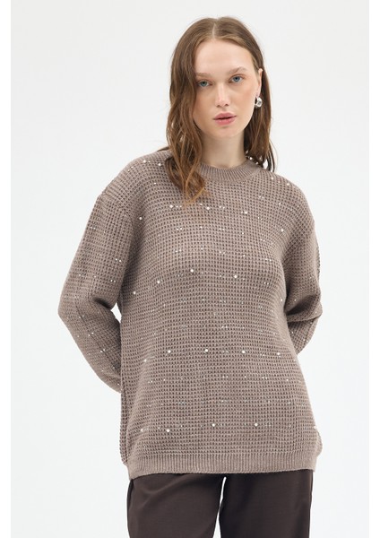 Koyu Vizon Kadın Taş İşleme Detaylı Bisiklet Yaka Triko Kazak 7045