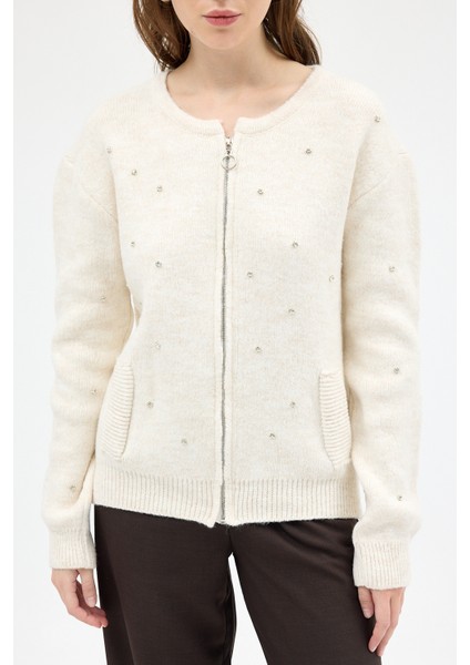 Natural Kadın Fermuarlı Taş Detaylı Triko Hırka 6405