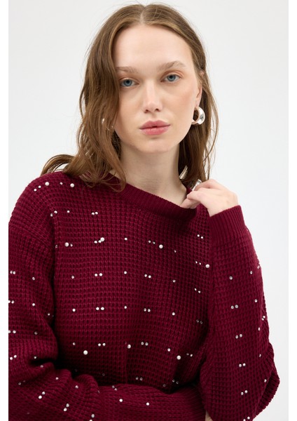 Bordo Kadın Taş İşleme Detaylı Bisiklet Yaka Triko Kazak 7045 fiyatları