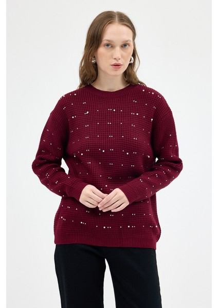 Bordo Kadın Taş İşleme Detaylı Bisiklet Yaka Triko Kazak 7045 modelleri