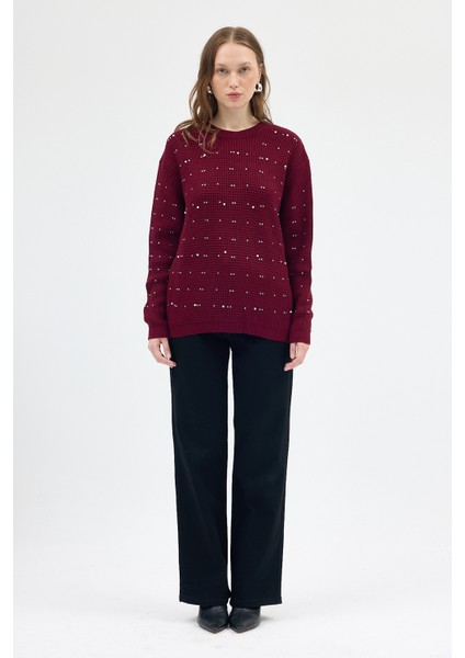 Bordo Kadın Taş İşleme Detaylı Bisiklet Yaka Triko Kazak 7045 fırsatları