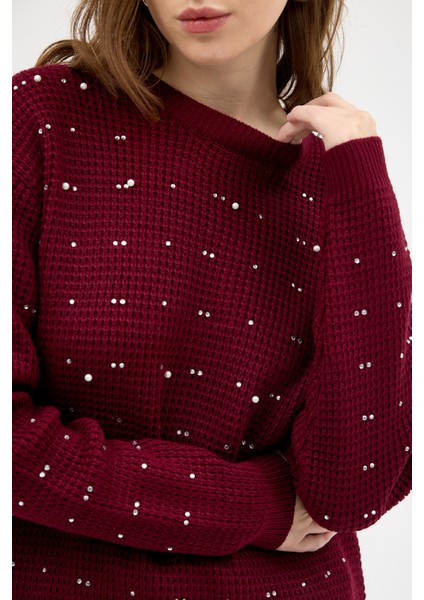 Bordo Kadın Taş İşleme Detaylı Bisiklet Yaka Triko Kazak 7045 indirimleri