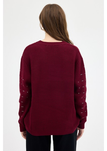 Bordo Kadın Taş İşleme Detaylı Bisiklet Yaka Triko Kazak 7045
