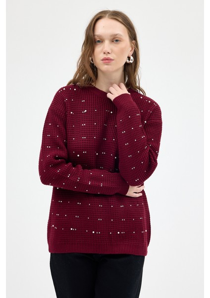 Bordo Kadın Taş İşleme Detaylı Bisiklet Yaka Triko Kazak 7045