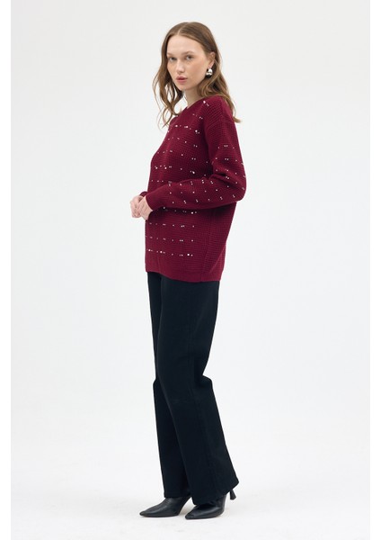 Bordo Kadın Taş İşleme Detaylı Bisiklet Yaka Triko Kazak 7045