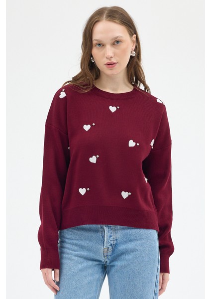 Bordo Kalp Desenli Örme Kadın Kazak 7120 fiyatları