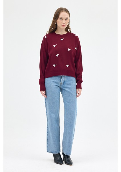 Bordo Kalp Desenli Örme Kadın Kazak 7120 modelleri