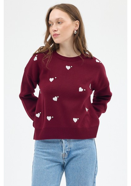 Bordo Kalp Desenli Örme Kadın Kazak 7120 fırsatları