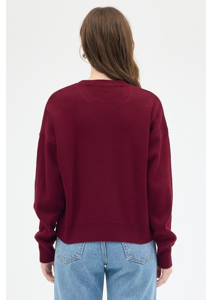 Bordo Kalp Desenli Örme Kadın Kazak 7120