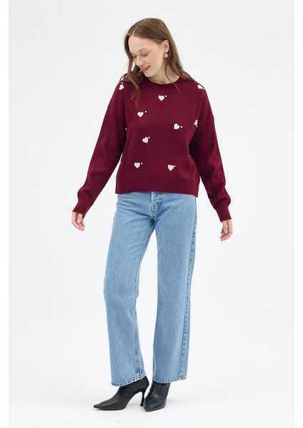 Bordo Kalp Desenli Örme Kadın Kazak 7120