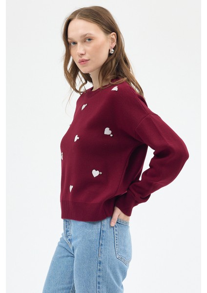 Bordo Kalp Desenli Örme Kadın Kazak 7120