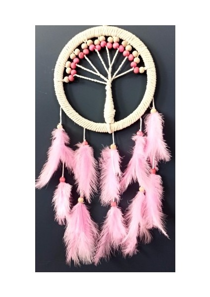 Pembe Kuş Tüylü Hayat Ağacı Düş Kapanı Dream Catcher Duvar Süsü