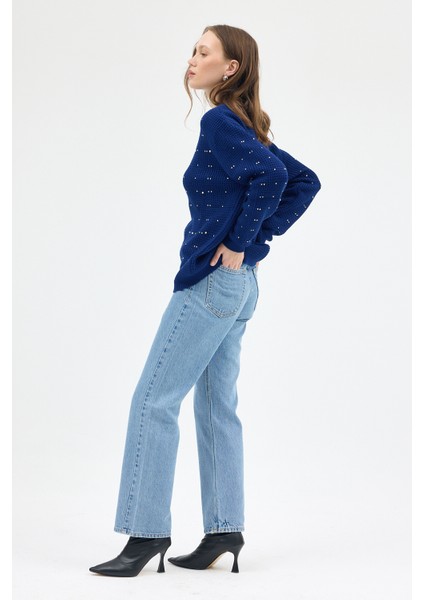 Laci Kadın Taş İşleme Detaylı Bisiklet Yaka Triko Kazak 7045 fiyatları