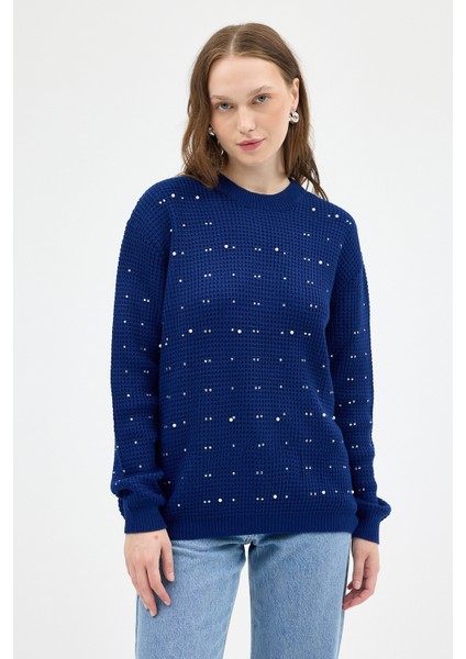 Laci Kadın Taş İşleme Detaylı Bisiklet Yaka Triko Kazak 7045 modelleri