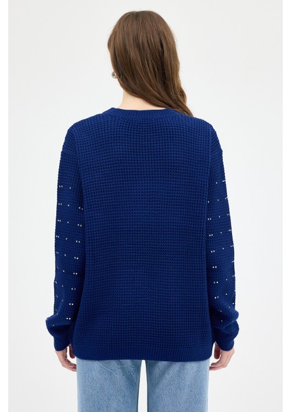 Laci Kadın Taş İşleme Detaylı Bisiklet Yaka Triko Kazak 7045