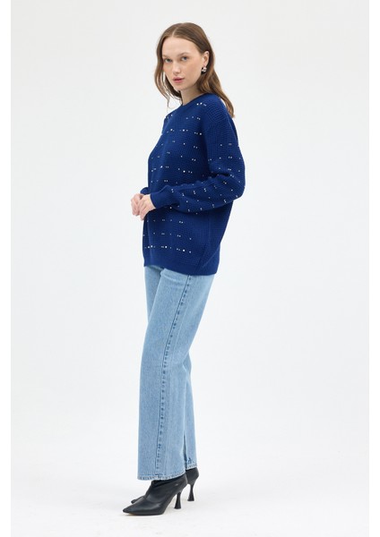 Laci Kadın Taş İşleme Detaylı Bisiklet Yaka Triko Kazak 7045