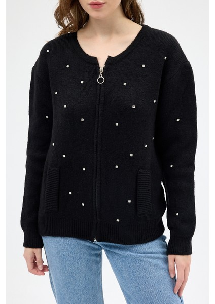 Siyah Kadın Fermuarlı Taş Detaylı Triko Hırka 6405