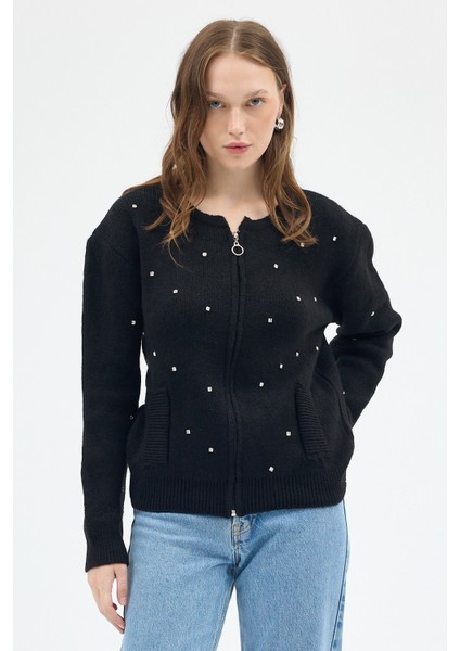 Siyah Kadın Fermuarlı Taş Detaylı Triko Hırka 6405