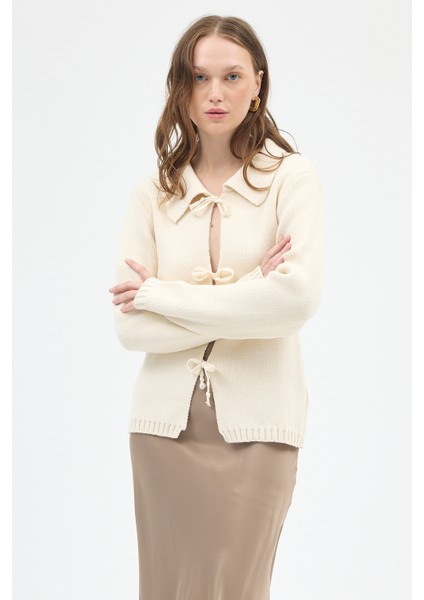 Natural Kadın Bağlamalı Polo Yaka Triko Hırka 7095