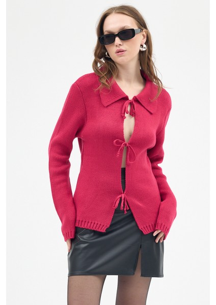 Fuşya Kadın Bağlamalı Polo Yaka Triko Hırka 7095 fiyatları