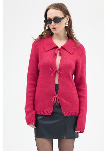 Fuşya Kadın Bağlamalı Polo Yaka Triko Hırka 7095 modelleri