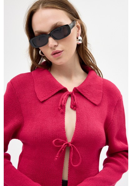 Fuşya Kadın Bağlamalı Polo Yaka Triko Hırka 7095 indirimleri