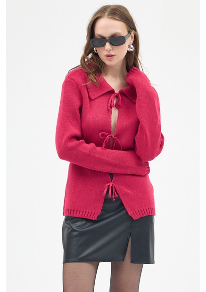 Fuşya Kadın Bağlamalı Polo Yaka Triko Hırka 7095