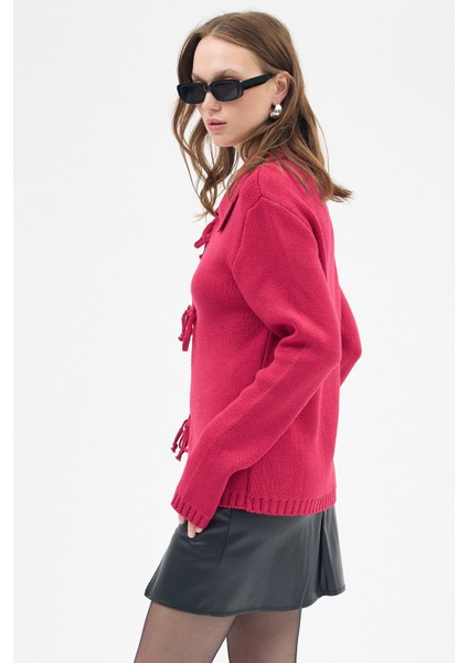 Fuşya Kadın Bağlamalı Polo Yaka Triko Hırka 7095