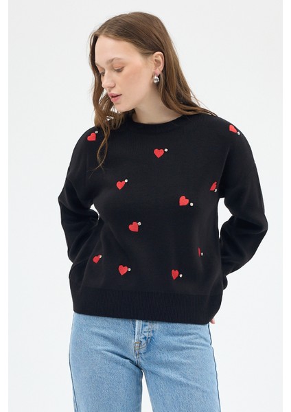 Siyah Kalp Desenli Örme Kadın Kazak 7120 modelleri