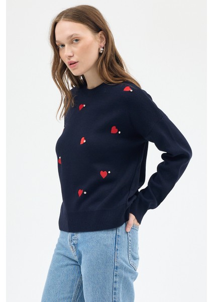 Laci Kalp Desenli Örme Kadın Kazak 7120