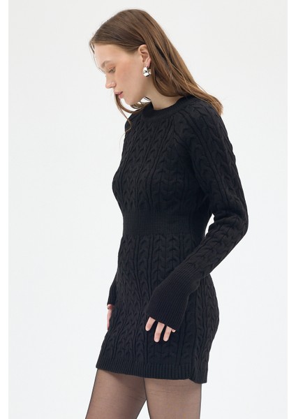 Siyah Kadın Kalın Örgü Bel Detaylı Triko Elbise 7330 fiyatları