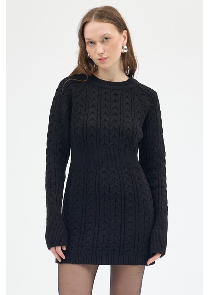 Siyah Kadın Kalın Örgü Bel Detaylı Triko Elbise 7330 modelleri