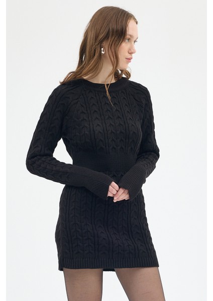 Siyah Kadın Kalın Örgü Bel Detaylı Triko Elbise 7330