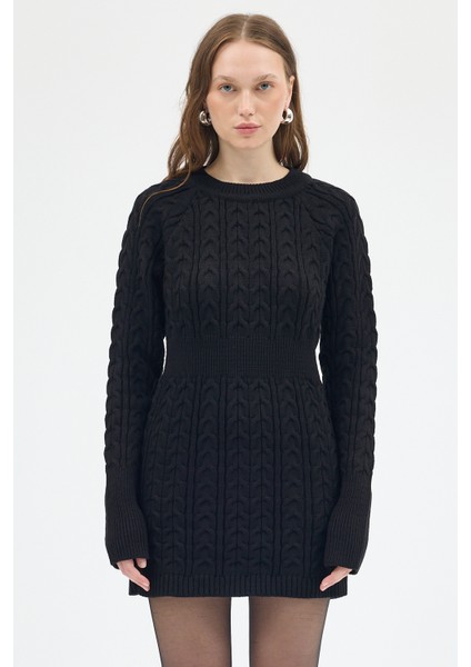 Siyah Kadın Kalın Örgü Bel Detaylı Triko Elbise 7330