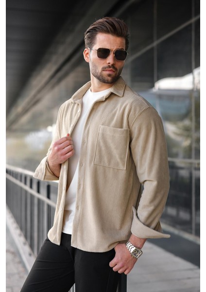 Bej Düğmeli Kadife Erkek Gömlek E6766