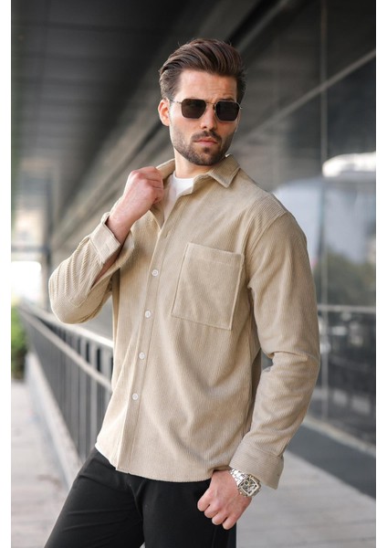Bej Düğmeli Kadife Erkek Gömlek E6766 fiyatları