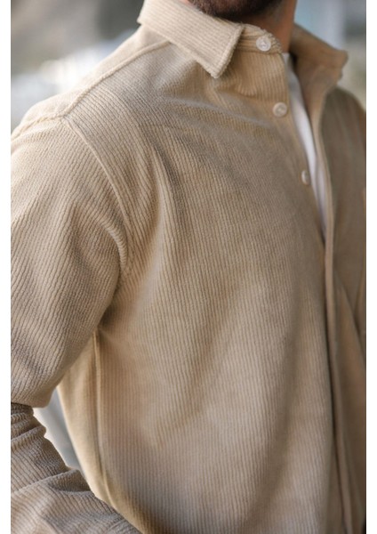 Bej Düğmeli Kadife Erkek Gömlek E6766 modelleri