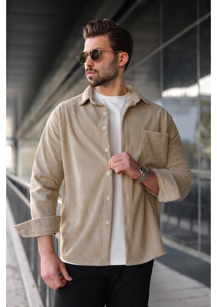 Bej Düğmeli Kadife Erkek Gömlek E6766 fırsatları