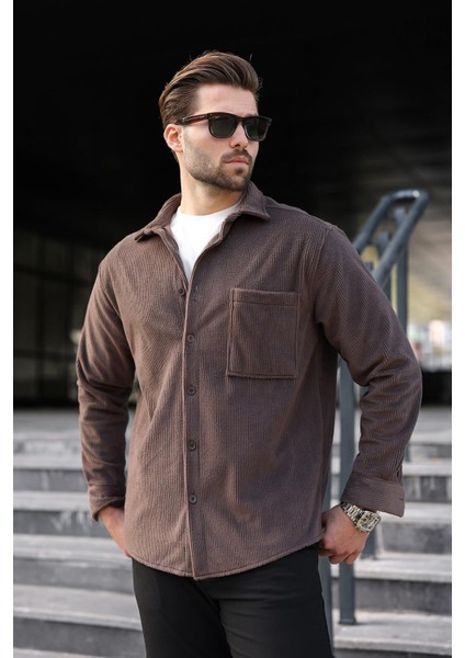 Kahverengi Düğmeli Kadife Erkek Gömlek E6766