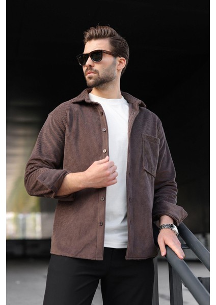 Kahverengi Düğmeli Kadife Erkek Gömlek E6766 modelleri