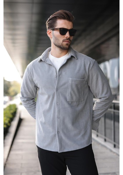 Gri Düğmeli Kadife Erkek Gömlek E6766